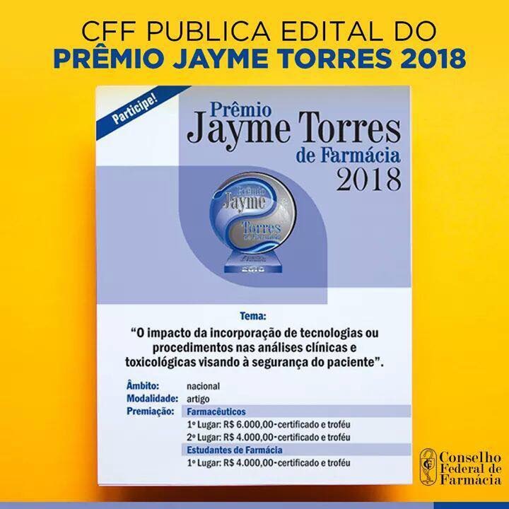 CFF publica edital do Prêmio Jayme Torres de Farmácia 2018